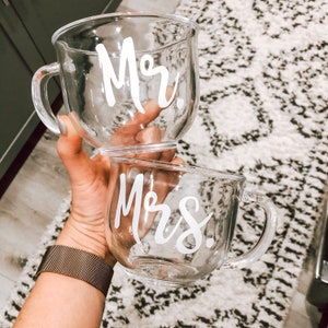 Mr. and Mrs. Clear Glass Coffee Mug Set / His and Hers Gift / Bride and Groom gift / custom engagement gift / custom wedding gift