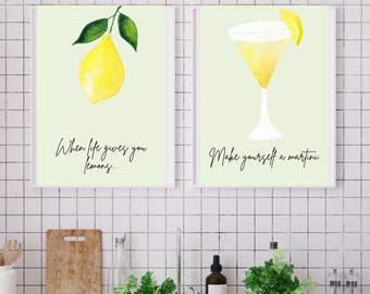 When Life Gives You Lemons Quote, Martini, Wall Decor, Watercolor Art, Drinking Decor, Digital Prints, Quote Decor