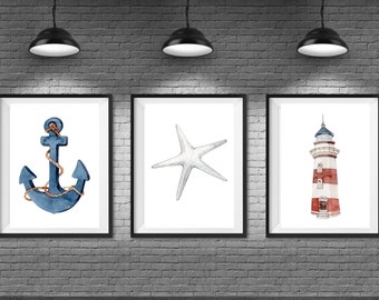 Set of Three Nautical Prints, Ocean Themed Prints, Wall Decor, Nautical Wall Decor