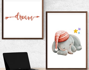 Elephant Dream Wall Print, Set of Two Prints, Nursery Wall Decor, Kid's Wall Decor, Elephant Prints, Digital Prints, Home Decor, Dream