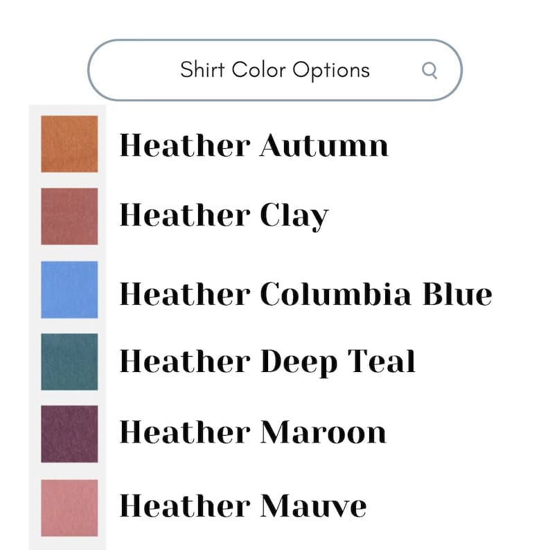 Puede incluir: Seis muestras de color para una camisa, que muestran Heather Autumn, Heather Clay, Heather Columbia Blue, Heather Deep Teal, Heather Maroon y Heather Mauve.