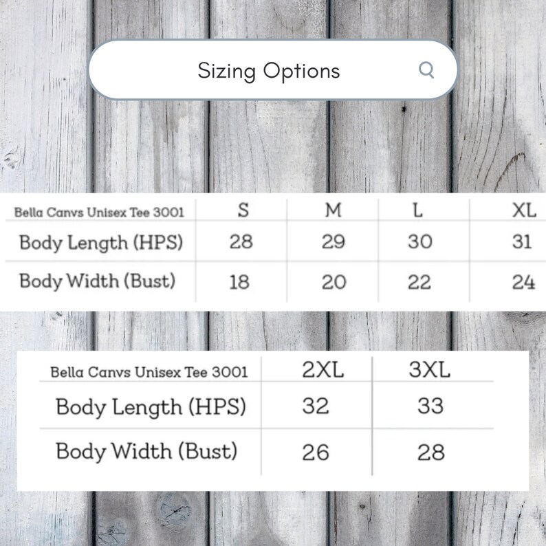 Puede incluir: Tabla de tallas Bella Canvas Unisex Tee 3001 que muestra las medidas en pulgadas para las tallas S, M, L, XL, 2XL y 3XL. Las medidas incluyen la longitud del cuerpo (HPS) y el ancho del cuerpo (busto).