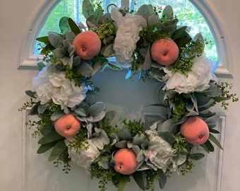 Spring wreath, summer wreath, peaches wreath, peony wreath, white flowers  wreath, lambs ear wreath, Peach wreath, front door wreath,
