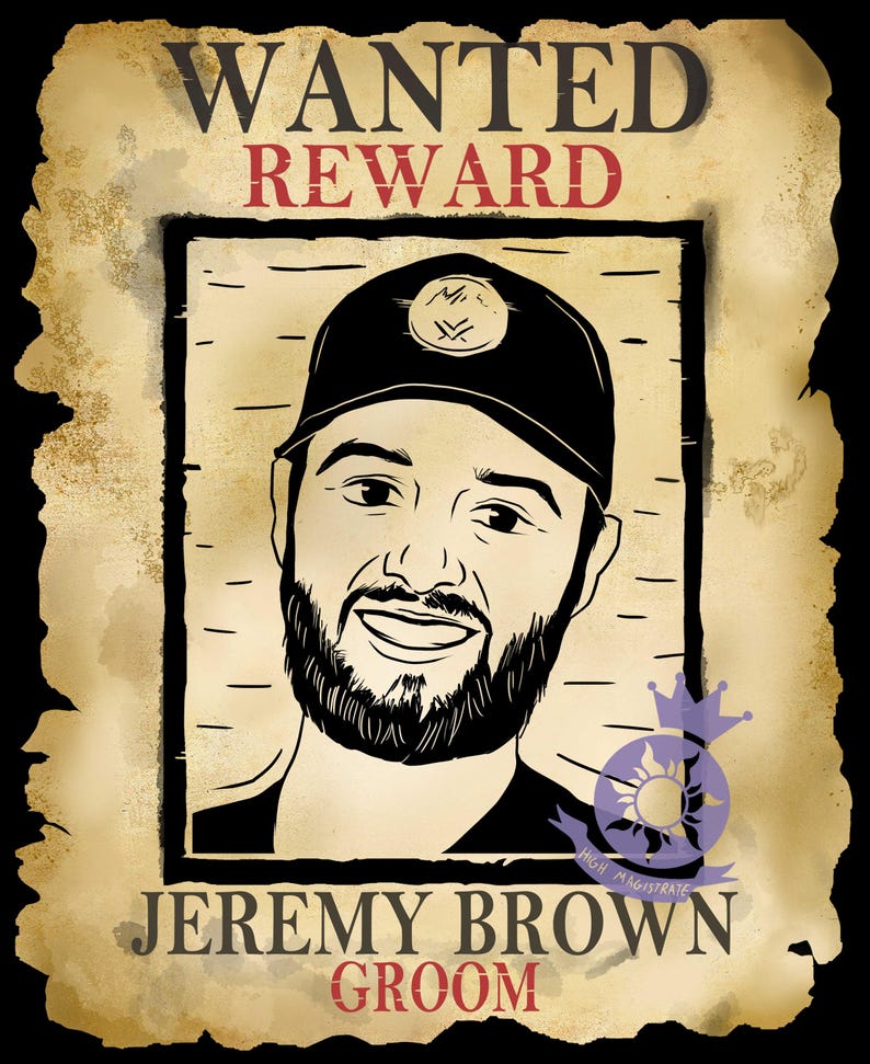 May include: A vintage-style poster with the words "WANTED REWARD" at the top. The poster features a black and white illustration of a man wearing a baseball cap. The text "JEREMY BROWN GROOM" is at the bottom.