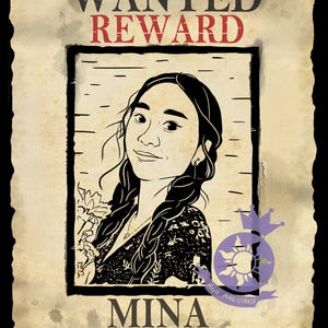 May include: A vintage-style poster with the words "WANTED REWARD" at the top. The poster features a portrait of a person named Mina, with the text "BIRTHDAY GIRL" at the bottom. A purple emblem is in the lower right corner.