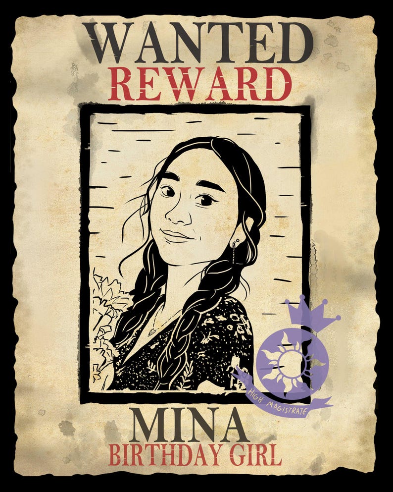 May include: A vintage-style poster with the words "WANTED REWARD" at the top. The poster features a portrait of a person named Mina, with the text "BIRTHDAY GIRL" at the bottom. A purple emblem is in the lower right corner.