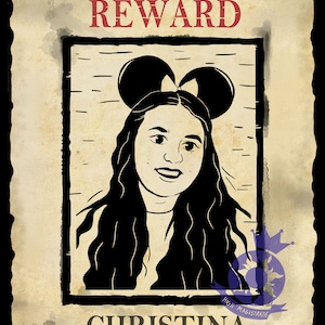 May include: A vintage-style poster with a portrait of a woman wearing mouse ears. The poster reads "WANTED REWARD" at the top, and "CHRISTINA LOST PRINCESS" at the bottom. The image has a distressed, aged appearance.