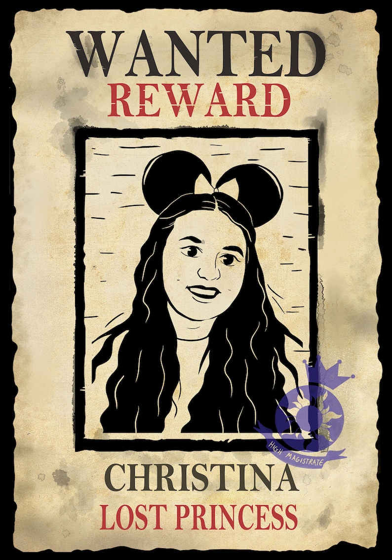 May include: A vintage-style poster with a portrait of a woman wearing mouse ears. The poster reads "WANTED REWARD" at the top, and "CHRISTINA LOST PRINCESS" at the bottom. The image has a distressed, aged appearance.