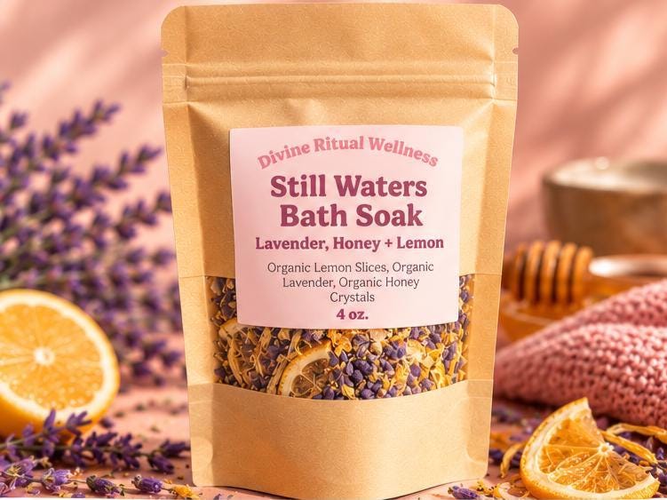 Handcrafted Spa Blend: Still Waters Bath Soak with Organic Lavender, Lemon Slices, Honey Crystals (4 oz)