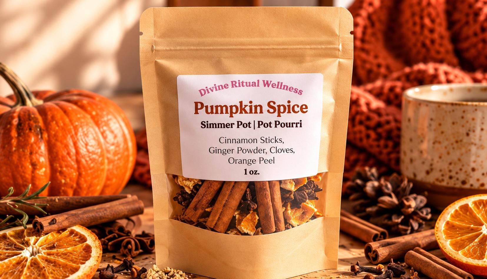 Pumpkin Spice Simmer Pot Pourri: Cinnamon Sticks, Ginger, Clove, Orange (1 oz)