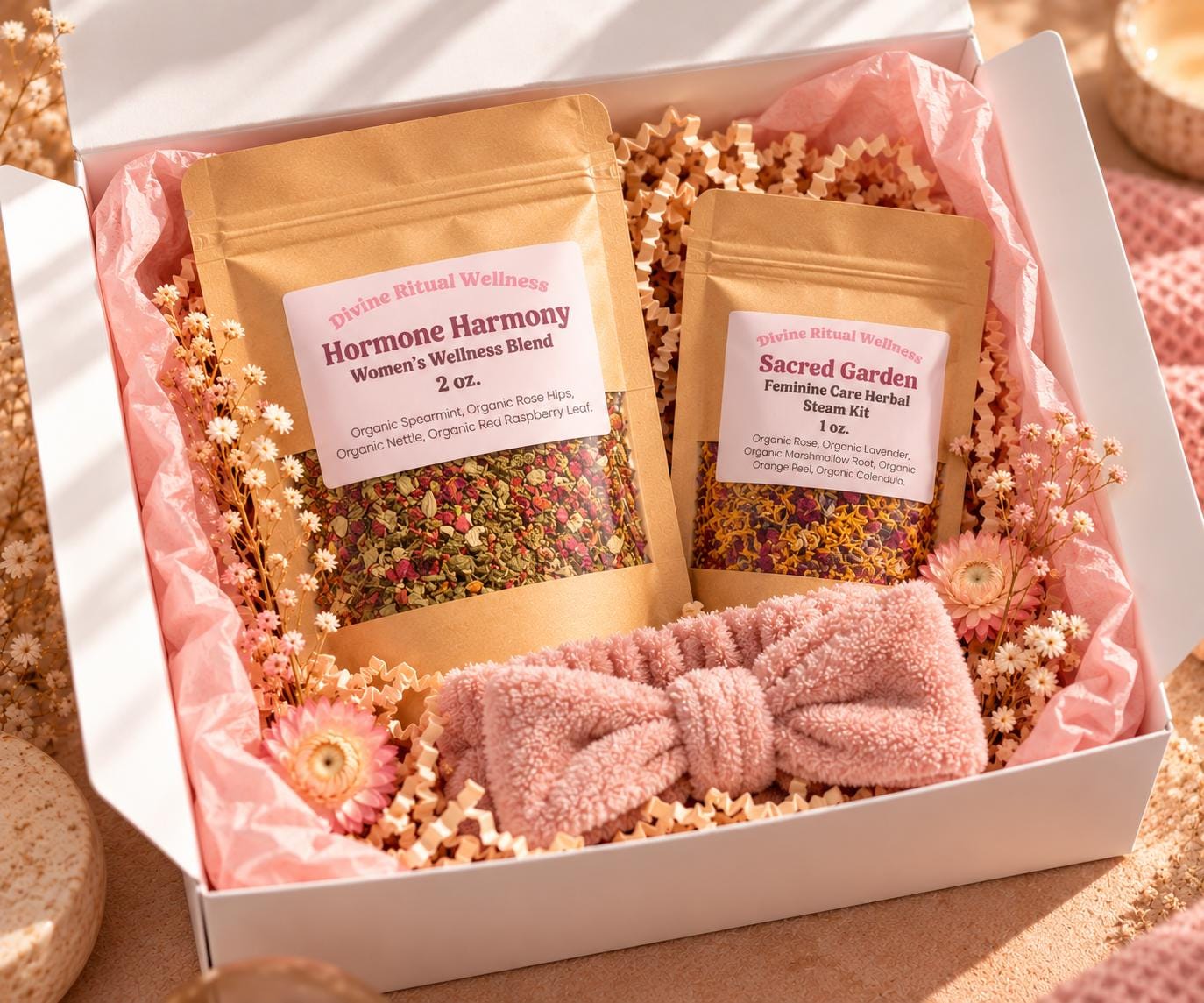 Women's Wellness Gift Box: Hormone Harmony Tea + Sacred Garden Steam Kit + Spa Headband