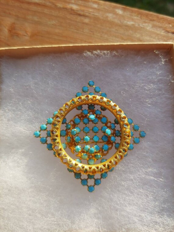 Blue and gold costume brooch - image 3