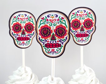 Sugar Skull Cupcake Toppers - Day of the Dead - Dia de los Muertos - Halloween Toppers - Skull Cupcake Toppers - Sugar Skull Decor