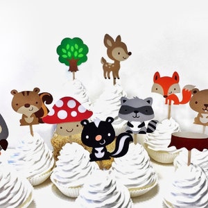ウッドランドカップケーキトッパー：動物のベビーシャワーデコレーション、20個セット