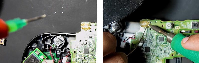 May include: Close-up of electronic repair work. A soldering iron with a green handle is used to work on a circuit board. The board is part of a black electronic device, with various components visible. The image shows the process of repairing or modifying electronics.
