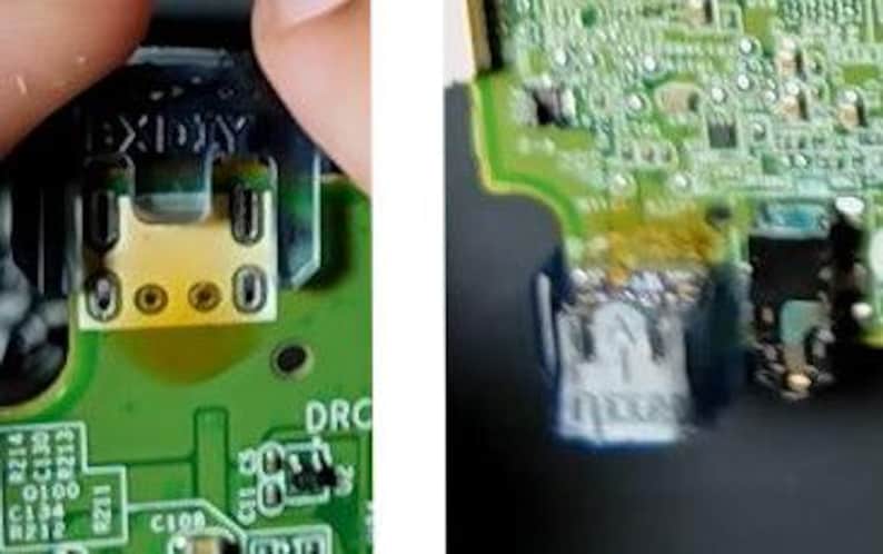 May include: Close-up of a green circuit board with a yellow and gold connector. The board has various components, including small black chips and silver solder points. The connector has multiple pins and is labeled with the text "EXDIY".