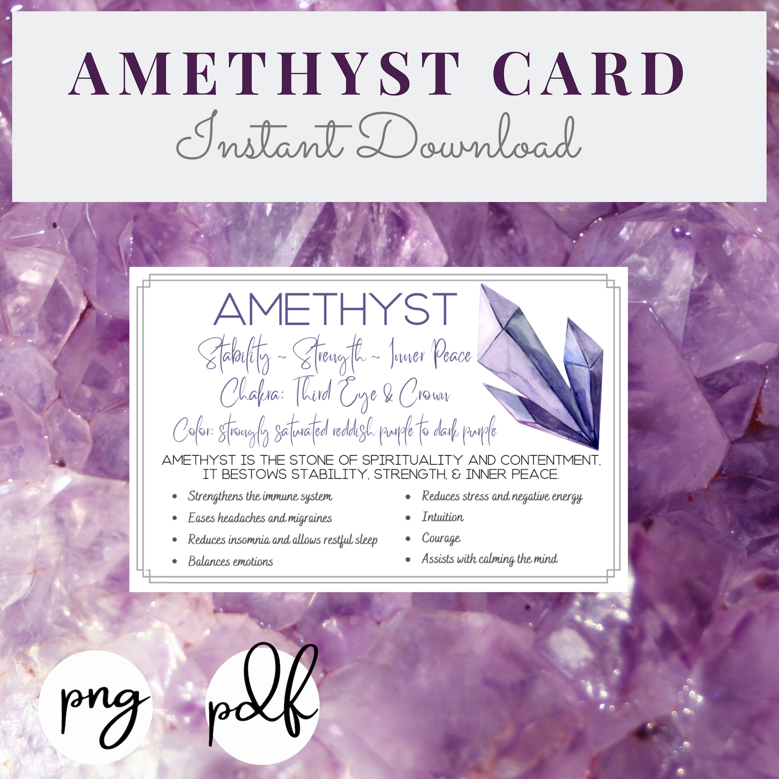 AMETHYST Printable Cards Crystal &amp; Stone Meaning Properties Benefits ...