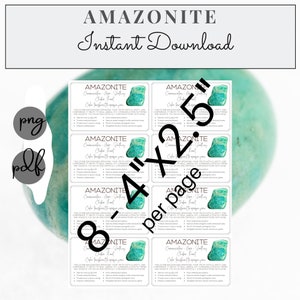 May include: Eight printable 4x2.5 inch cards featuring a green amazonite crystal with the text "AMAZONITE - Communication - Hope - Strength - Chakra Heart - Color: Greenish Blue" and a description of the stone's properties.