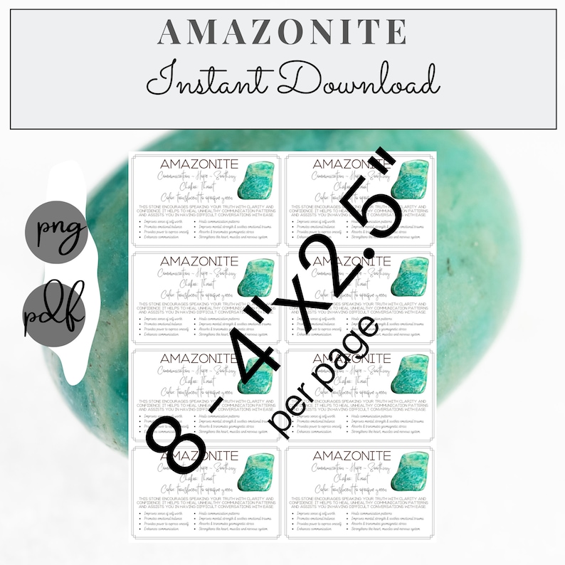 May include: Eight printable 4x2.5 inch cards featuring a green amazonite crystal with the text "AMAZONITE - Communication - Hope - Strength - Chakra Heart - Color: Greenish Blue" and a description of the stone's properties.