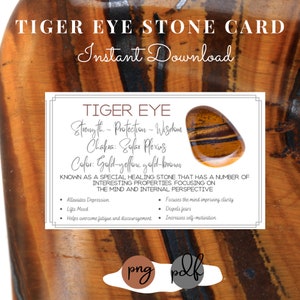 Tarjetas imprimibles de Ojo de Tigre - Significado de la Piedra - Propiedades - Beneficios - Curación - Fuerza - Protección - Sabiduría - Descarga Instantánea - 8 tarjetas
