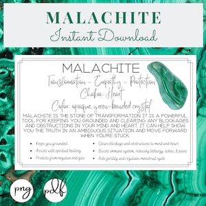 Tarjetas Imprimibles de Malaquita - Significado de Cristal y Piedra - Propiedades - Beneficios - Descarga Instantánea - Imprimible
