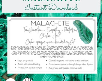 Schede stampabili di malachite - Significato di cristallo e pietra - Proprietà - Benefici - Download immediato - Stampabile