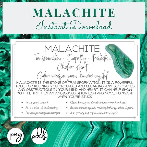 Malachite Printable Cards - Crystal and Stone Meaning - Properties - Benefits - Instant Download - Printable