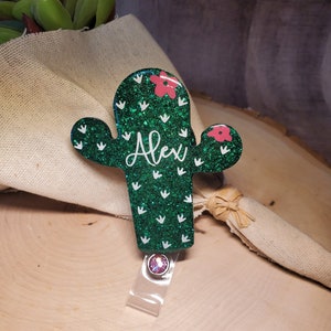 Cactus Badge Reel - Green Sparkly Glitter, Pink Flowers - Saguaro, Handmade, Free Shipping