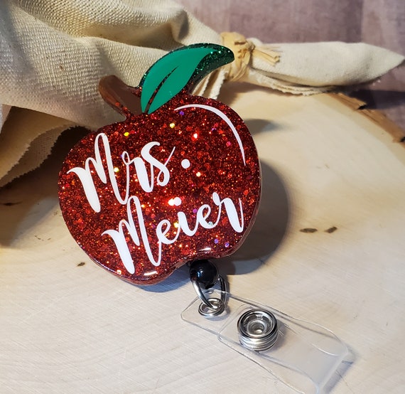 Epoxy Apple Badge Reel Teacher Gift Back to School Personalized Happy Face  GLITTER SPARKLY FUN 