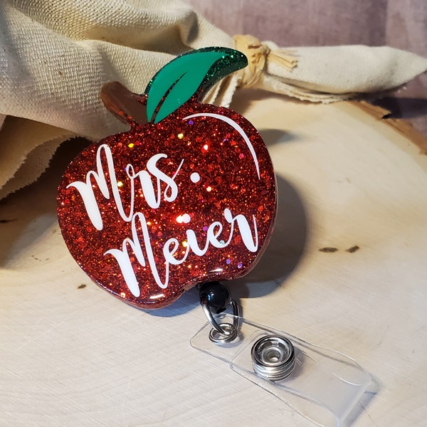 Epoxy Apple Badge Reel - Teacher Gift - Back to School - Personalized - Happy Face - GLITTER - SPARKLY - FUN