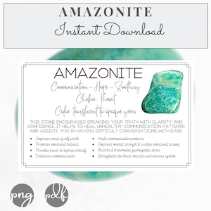 Tarjetas imprimibles de piedra AMAZONITA ~ Significado de cristales y piedras - Propiedades - Beneficios ~ Descarga instantánea - Cristales