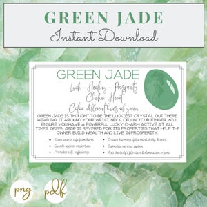 Tarjetas imprimibles de jade verde - Significado de cristal y piedra - Propiedades - Beneficios - Descarga instantánea - Cristales