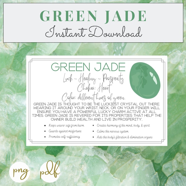 Green Jade Printable Cards - Crystal & Stone Meaning - Properties - Benefits - Instant Download - Crystals