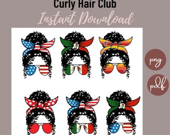 Mexican American Curly Hair Messy Bun: Sublimation & Stickers (PDF, PNG, JPG)