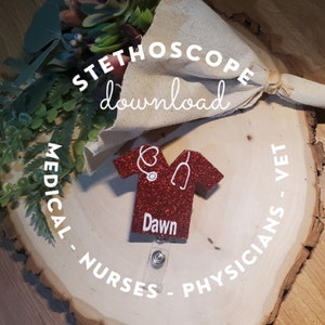 May include: Red glitter scrub top with a stethoscope and the name Dawn on it. The scrub top is attached to a clear badge holder. The image is surrounded by text that reads "Stethoscope download Medical - Nurses - Physicians - Vet".
