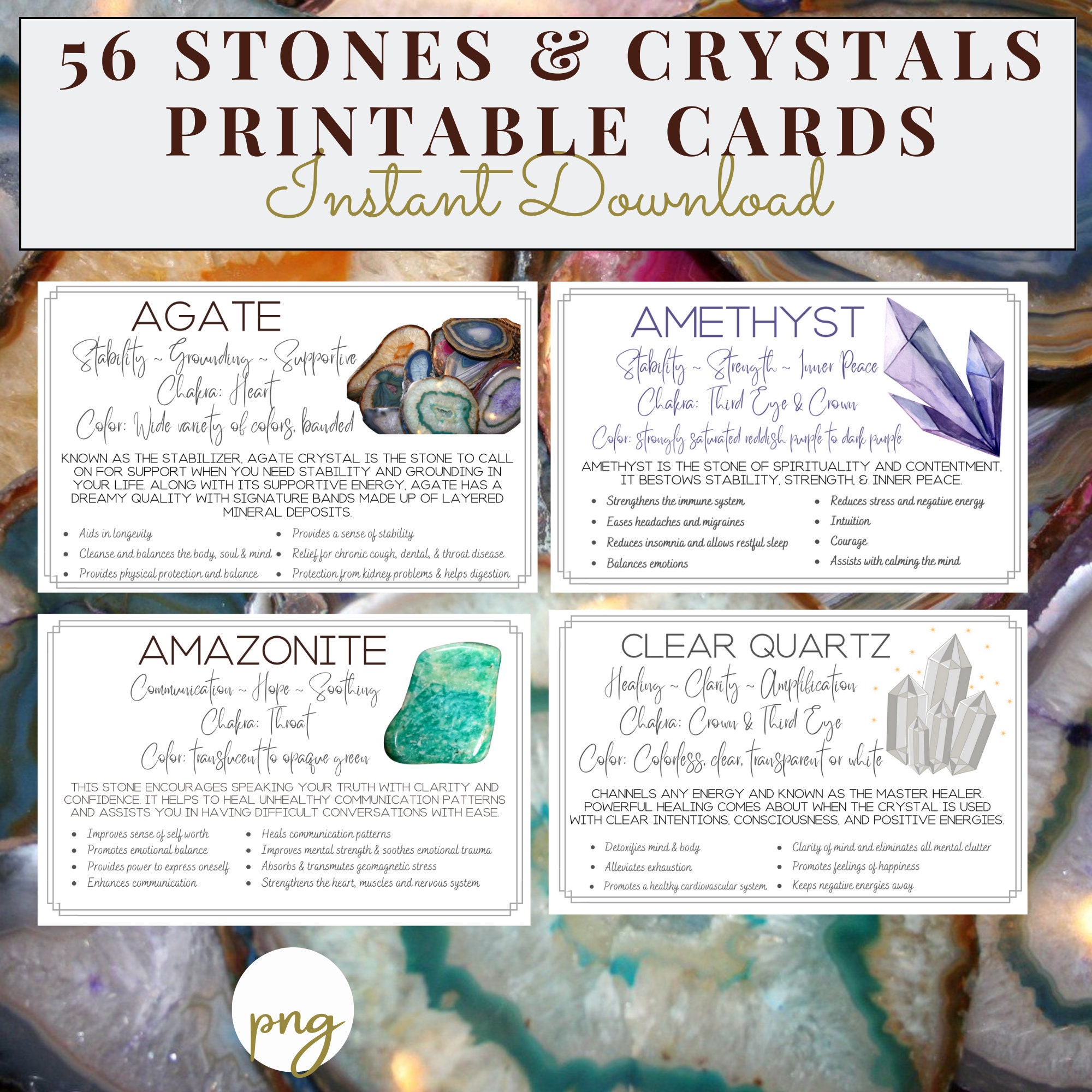 56 Quartz Crystals Stones Printable Cards, Rose Quartz