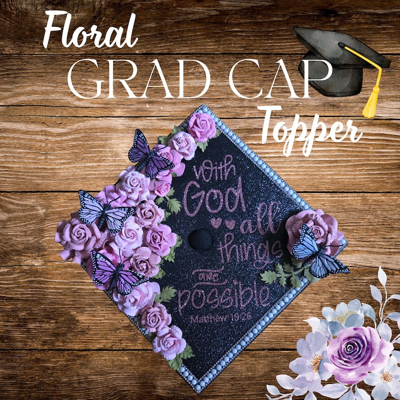 Small Roses For Grad Cap Personalized Floral Grad Cap Topper, Glitter Black Base, Custom Quote ...