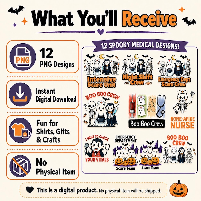 May include: A digital product listing featuring 12 spooky medical-themed PNG designs. The graphic displays text including What You'll Receive, 12 Spooky Medical Designs, Intensive Scare Unit, Night Shift Crew, Emergency Dept Scare Crew, and Boo Boo Crew.