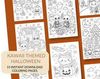 May include: A collection of 15 Kawaii-themed Halloween coloring pages. The black and white illustrations feature cute ghosts, pumpkins, cats, and other spooky characters. Text on the image reads "KAWAII THEMED HALLOWEEN" and "15 INSTANT DOWNLOAD COLORING PAGES."