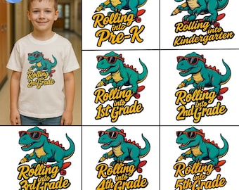 Rolling Into School Dino Shirt Bundle | 7 Grade PNGs + Canva Editable Download| Pre-K to 5th | First Day of School SVG