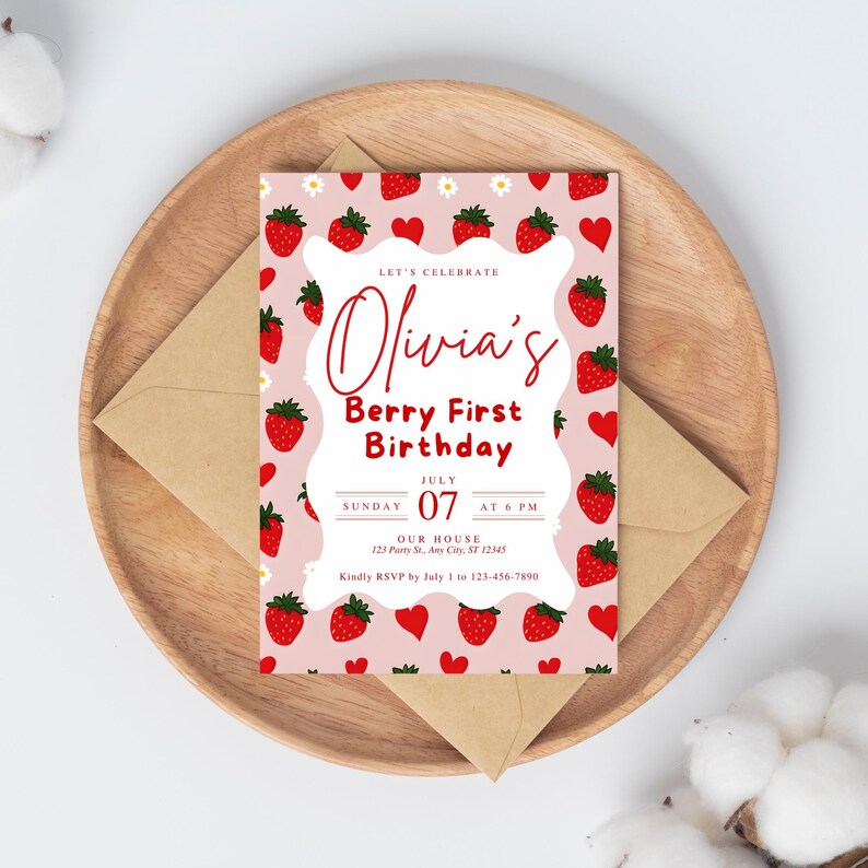 Berry First Birthday Invitation | Editable Strawberry 1st Birthday ...