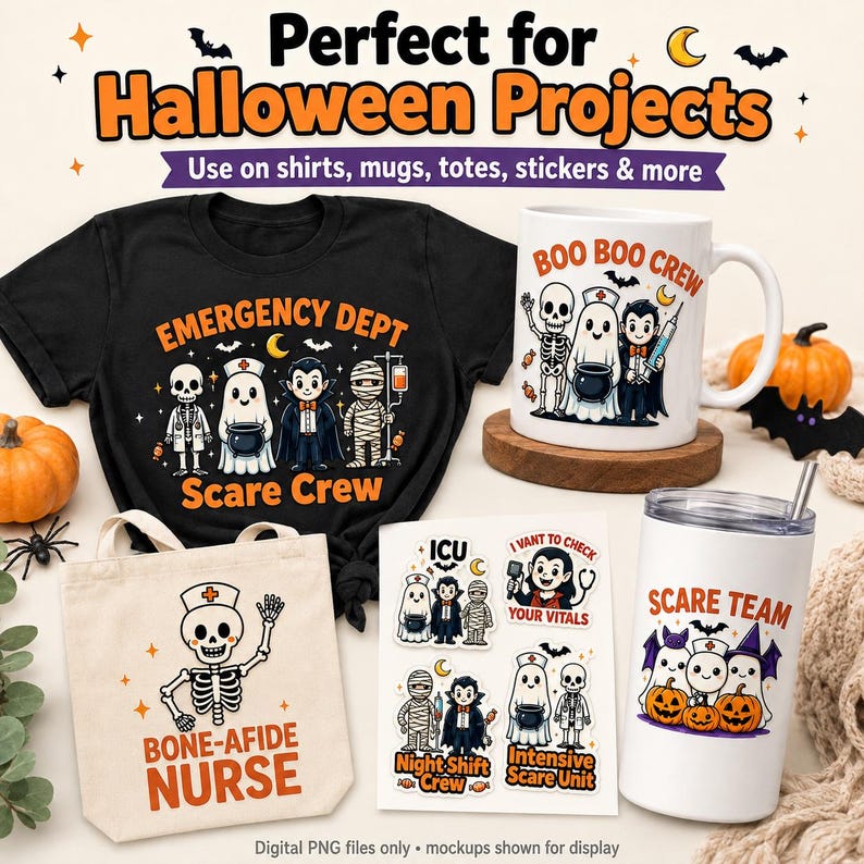 May include: A black t-shirt with a Halloween graphic, a white mug with a Boo Boo Crew design, a beige tote bag with a Bone-Afide Nurse skeleton print, a sticker sheet with medical Halloween characters, and a white tumbler with a Scare Team print.