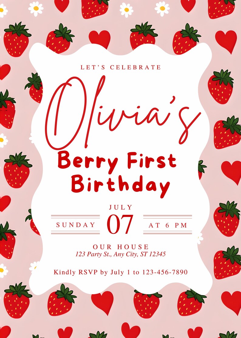 Berry First Birthday Invitation | Editable Strawberry 1st Birthday ...