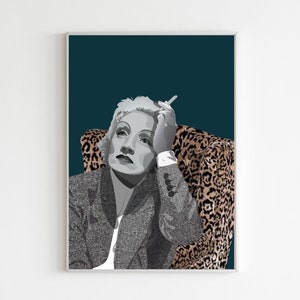 Marlene Dietrich Feminista Vintage Glamour Leopard Print Ilustração digital Impressão de parede