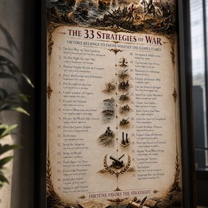 May include: A framed wall poster titled The 33 Strategies of War, featuring a historical battle scene at the top. The text lists thirty-three numbered strategies with descriptions, flanked by small illustrations of ships, cannons, and maps in a vintage style.