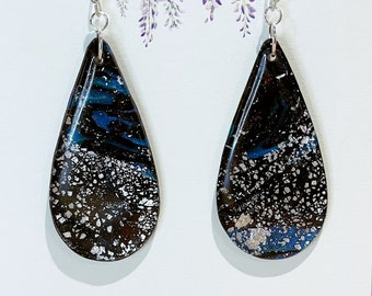 Galactic Polymer Clay, Resin Dangle Earrings - Handmade Dark Blue, Black, Bright Blue, and Silver Foil Earrings