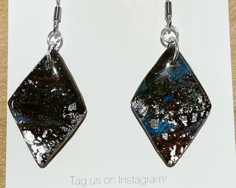 Galactic Polymer Clay, Resin Dangle Earrings - Handmade Dark Blue, Black, Bright Blue, and Silver Foil Earrings