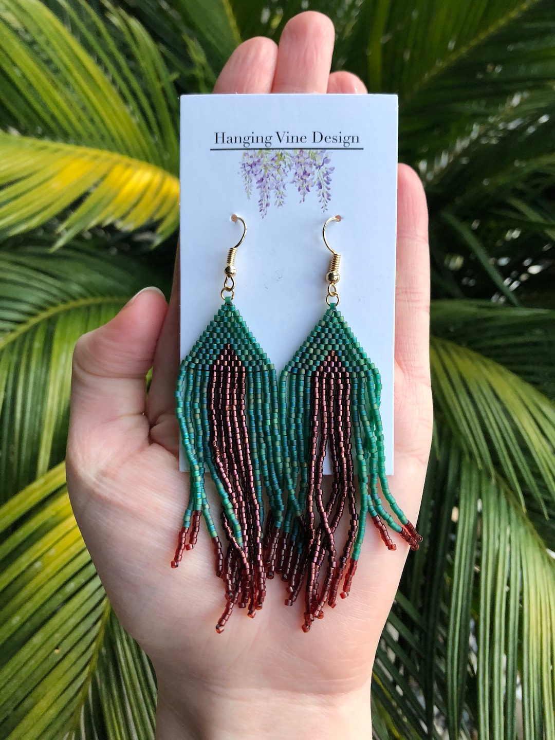 Beaded Fringe Dangle Earrings Handmade Green, Red, and Metallic