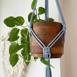 May include: A light blue macrame plant hanger with a wooden pot and a green plant. The hanger is made of cotton rope and has a tassel at the bottom.