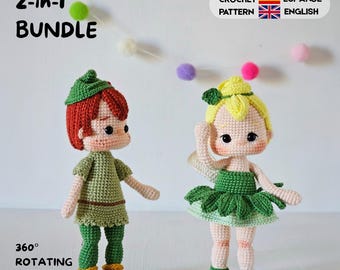 May include: Two crochet dolls featuring a 2-in-1 bundle pattern in Spanish and English. One doll has red hair, a green hat, green tunic, and yellow shoes. The other doll has yellow hair, a green leaf-style skirt, and green shoes with white accents.